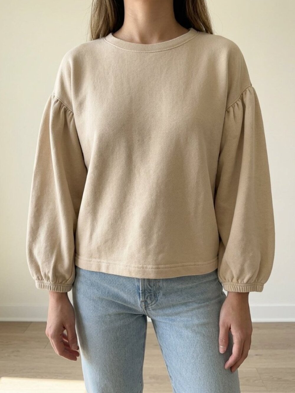 Marine Layer Re-Spun Enya Puff Sleeve Crewneck Sweatshirt Antique White | Size X